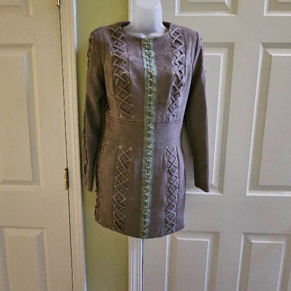 House of CB London Gray Suede Mini Tomasaa Lace-Up Dress Size Small - Picture 3 of 14